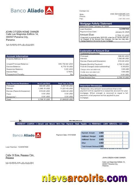 Panama Banco Aliado mortgage statement
